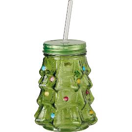 Artikelbild für Trinkglas Tannenbaum mit Deckel und Strohhalm